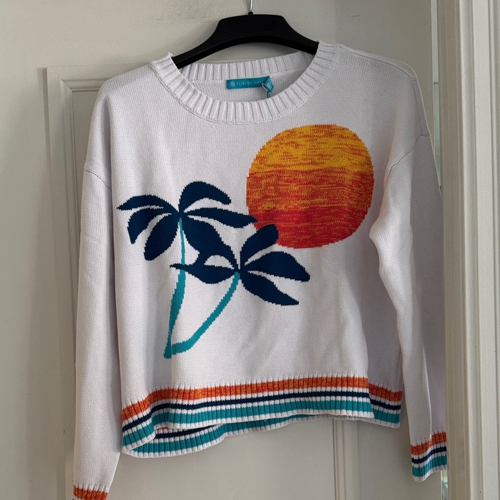 Tori Richard White Sunset Palm Graphic Knit Pullover
